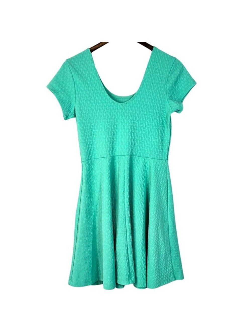 Derek Teal Turquoise Blue Jacquard Knit Short Sleeve Skater Fit & Flare Dress L